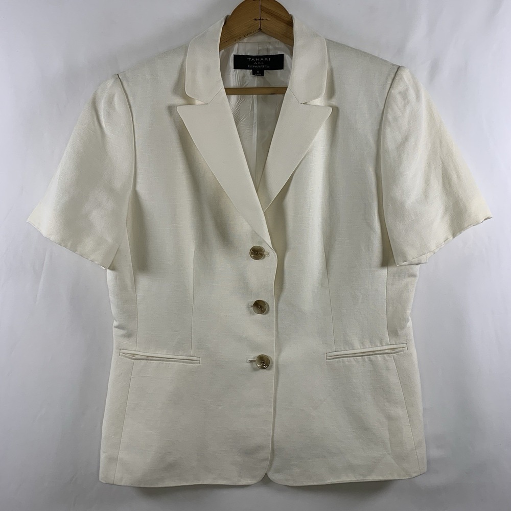 Tahari Womens Short Sleeve Linen Blend Blazer Size 8 White Office Career Church